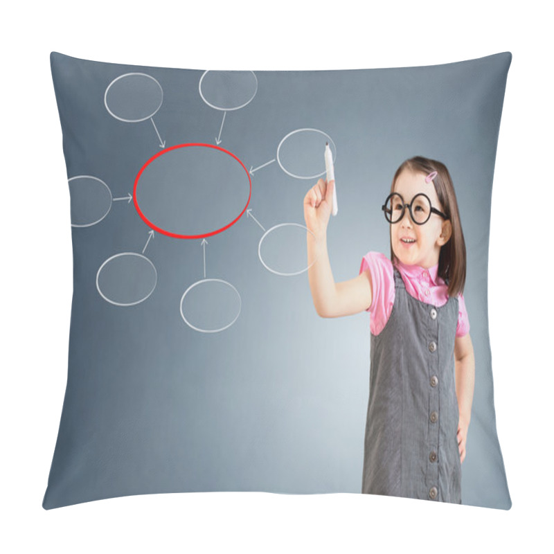 Personality  Cute Little Girl Wearing Business Dress And Writing Diagram Of Centralization. Blue Background. Pillow Covers