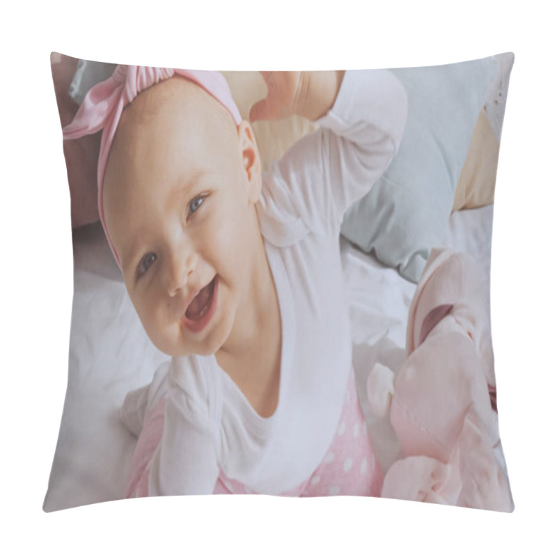 Personality  Adorable Baby Girl With Headband Smiling And Gesturing In Baby Crib At Home  Pillow Covers