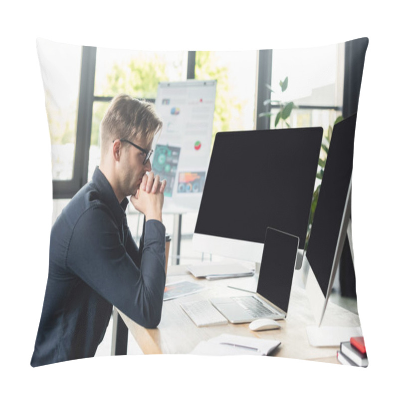 Personality  Side View Of Programmer Looking At Computers Near Laptop And Notebooks On Table  Pillow Covers