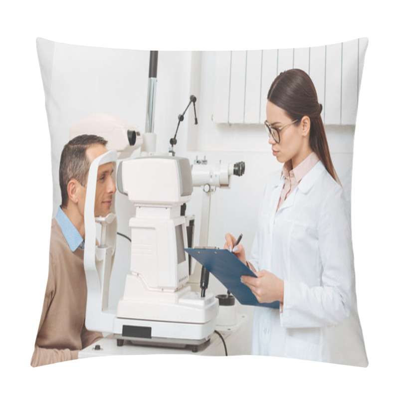 Personality  Side View Of Patient Getting Eye Examination In Slit Lamp In Clinic Pillow Covers