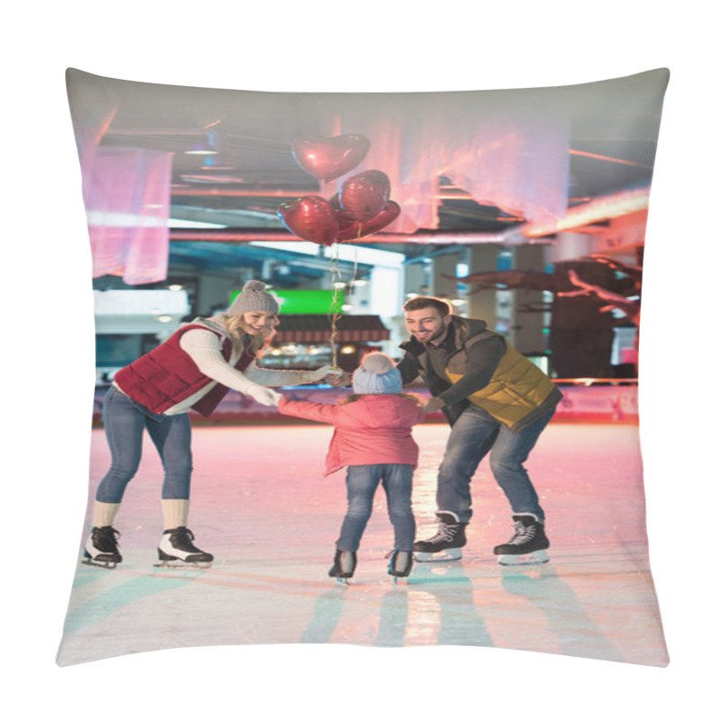 Personality  Happy Family With One Child Holding Heart Shaped Balloons On Skating Rink Pillow Covers