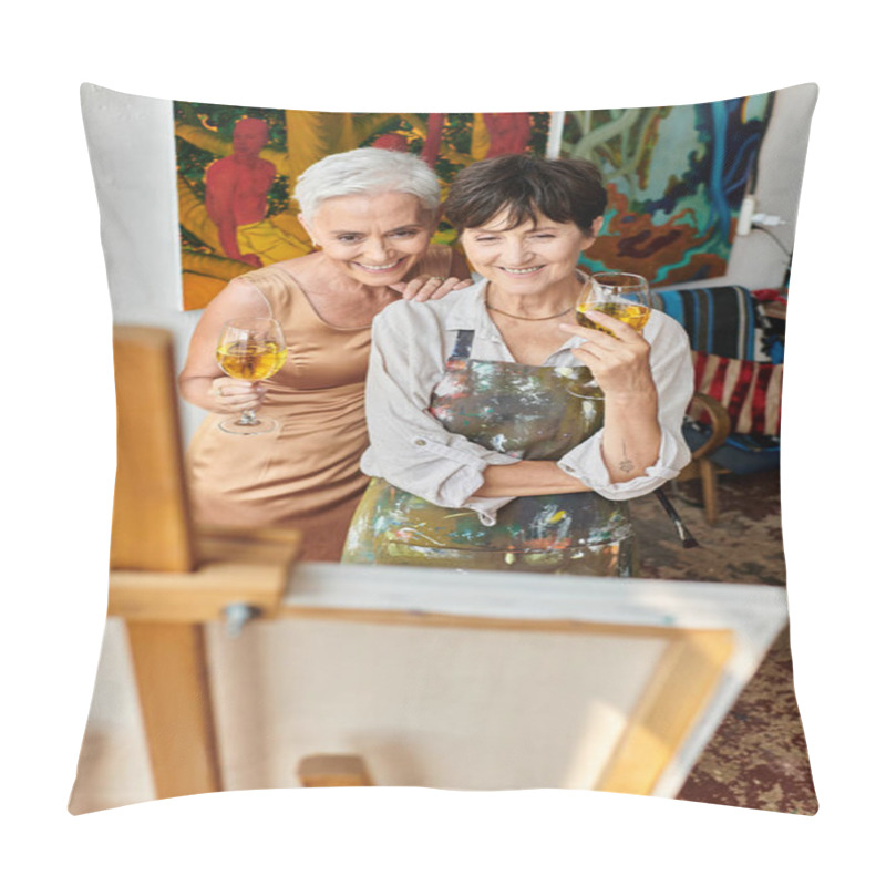 Personality  Delighted Mature Female Friends With Wine Glasses Looking At Easel In Art Studio, Artist And Model Pillow Covers