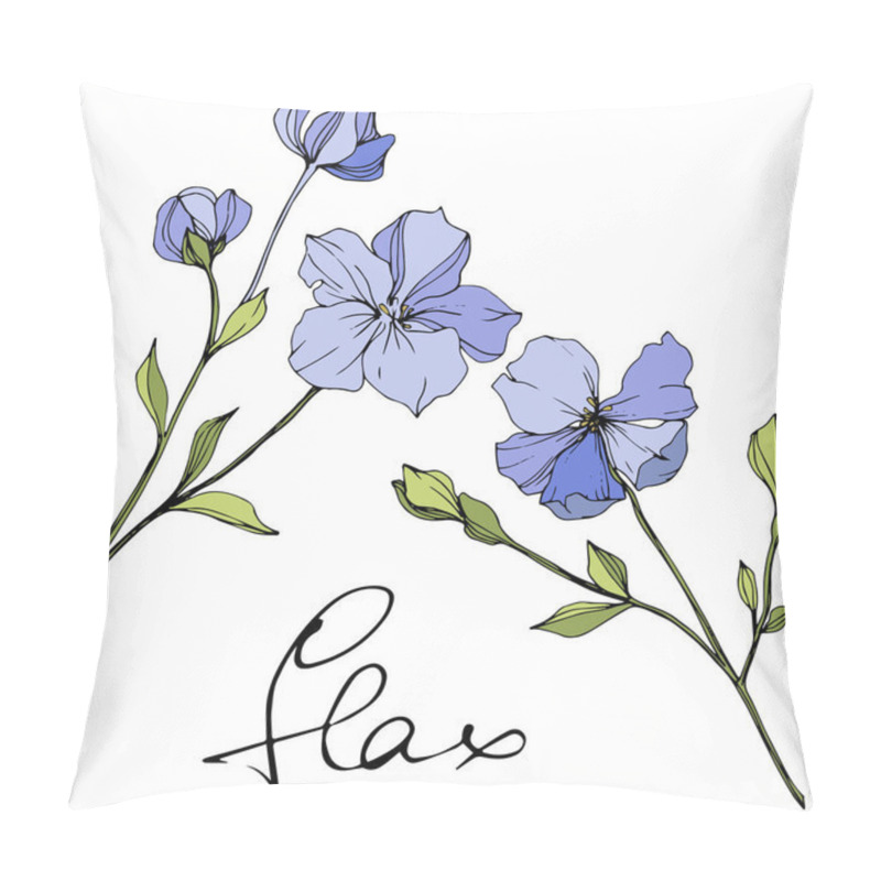 Personality  Vector Blue Flax. Spring Wildflowers Isolated On White. Engraved Ink Art With 'flax' Lettering Pillow Covers