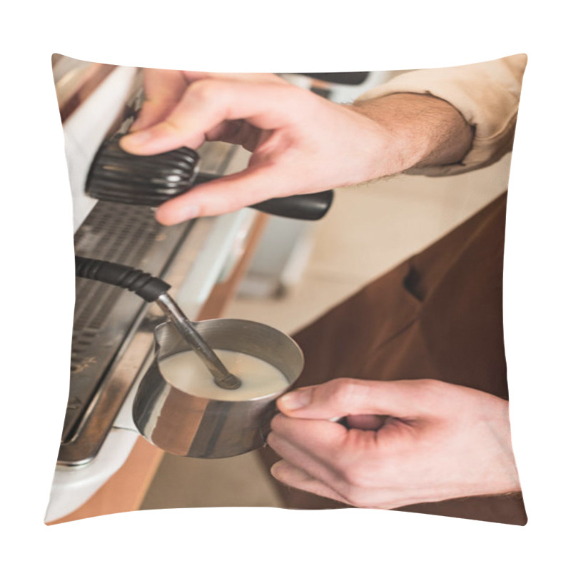 Personality  Cropped View Of Barista Filling Up Steel Milk Jug Pillow Covers