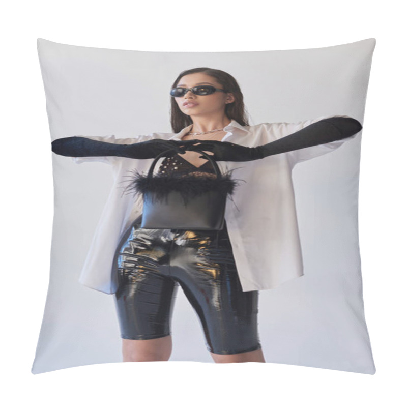 Personality  Bold Style, Fashion Statement, Asian Woman In Sunglasses Posing With Feathered Handbag On Grey Background, Young Model, Black Gloves And White Shirt, Latex Style, Conceptual, Personal Style  Pillow Covers