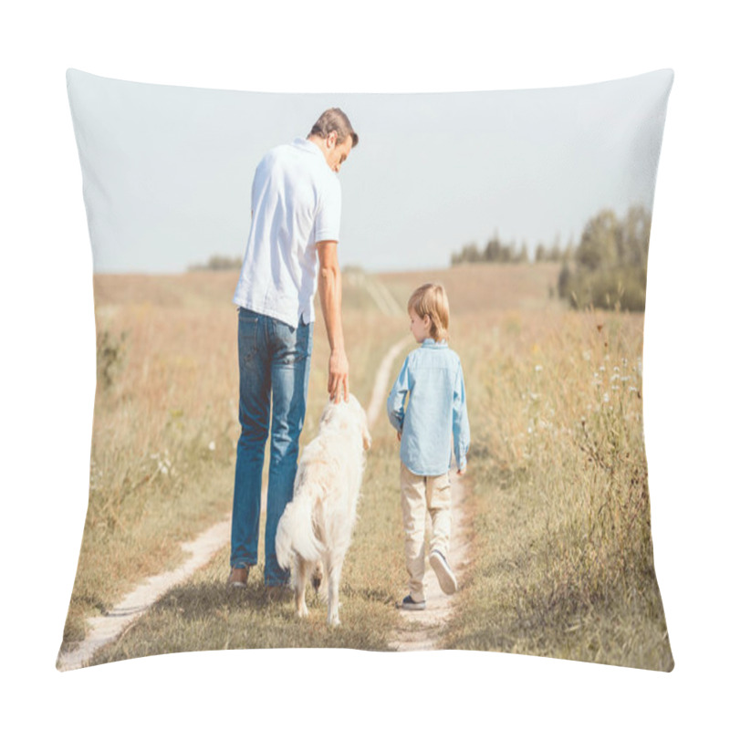 Personality  Rear View Of Father And Son Walking With Golden Retriever In Field Pillow Covers