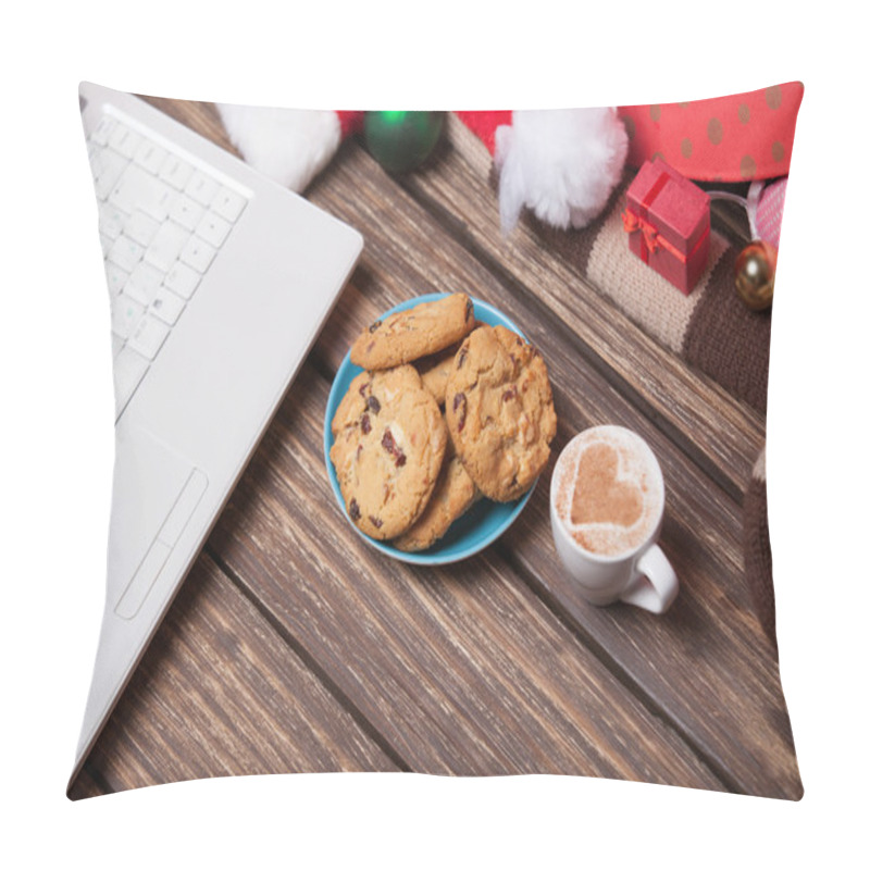 Personality  Laptop And Cookies Wuth Cup Of Coffee Near Christmas Gifts. Pillow Covers