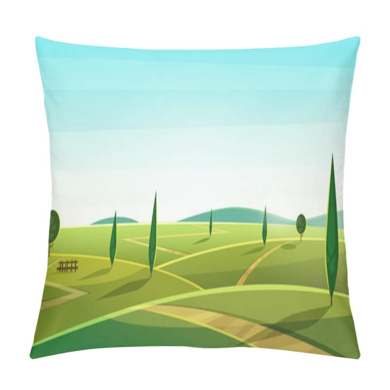 Personality  Road On The Hills. Summer Landscape. Rural Valley View. Beautiful Green Fields With And Meadow, Mountains And Blue Sky  Pillow Covers