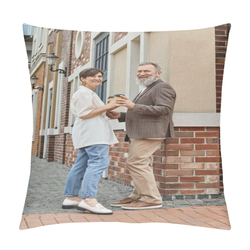 Personality  Happy Senior Couple Holding Coffee To Go, Building, Elderly Man And Woman Looking At Camera, Date Pillow Covers