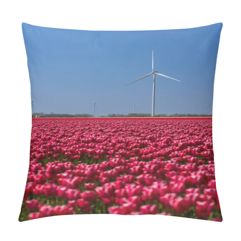 Personality  Wind Turbines With Tulip Field, North Holland, Netherlands Pillow Covers