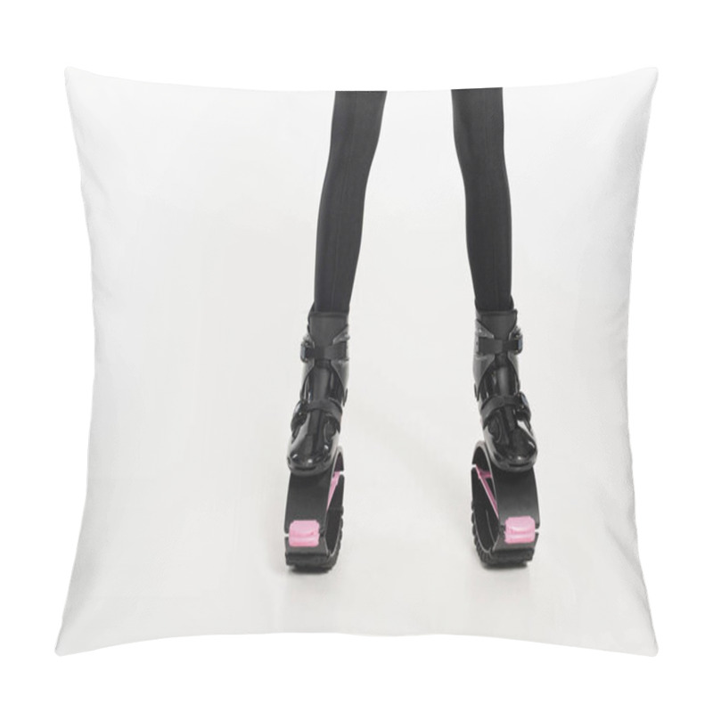 Personality  Fun Workout, Cropped Shot Of Woman In Kangoo Jumping Shoes On White Background, Sportswoman Pillow Covers