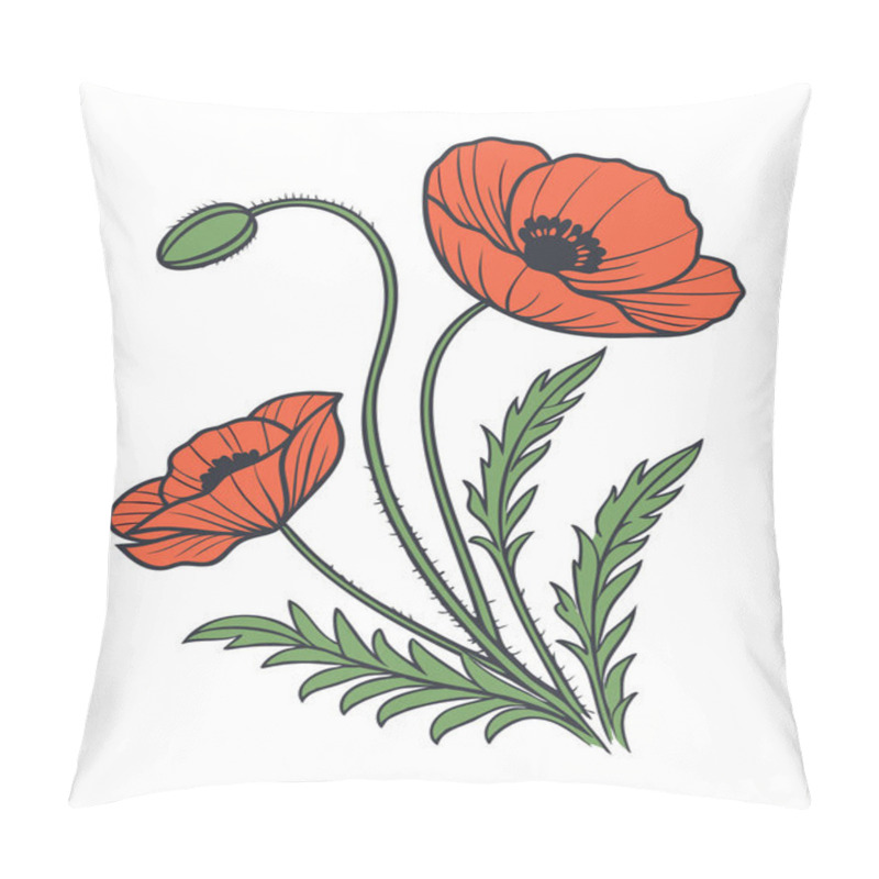 Personality   Floral Illustration Of Red Poppy Flowers With Green Leaves Pillow Covers