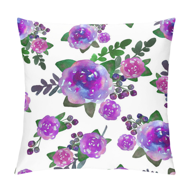 Personality  Romantic Floral Seamless Pattern With Rose Flowers And Leaf. Print For Textile Wallpaper Endless. Hand-drawn Watercolor Elements. Beauty Bouquets. Pink, Violet . Green On White Background. Pillow Covers