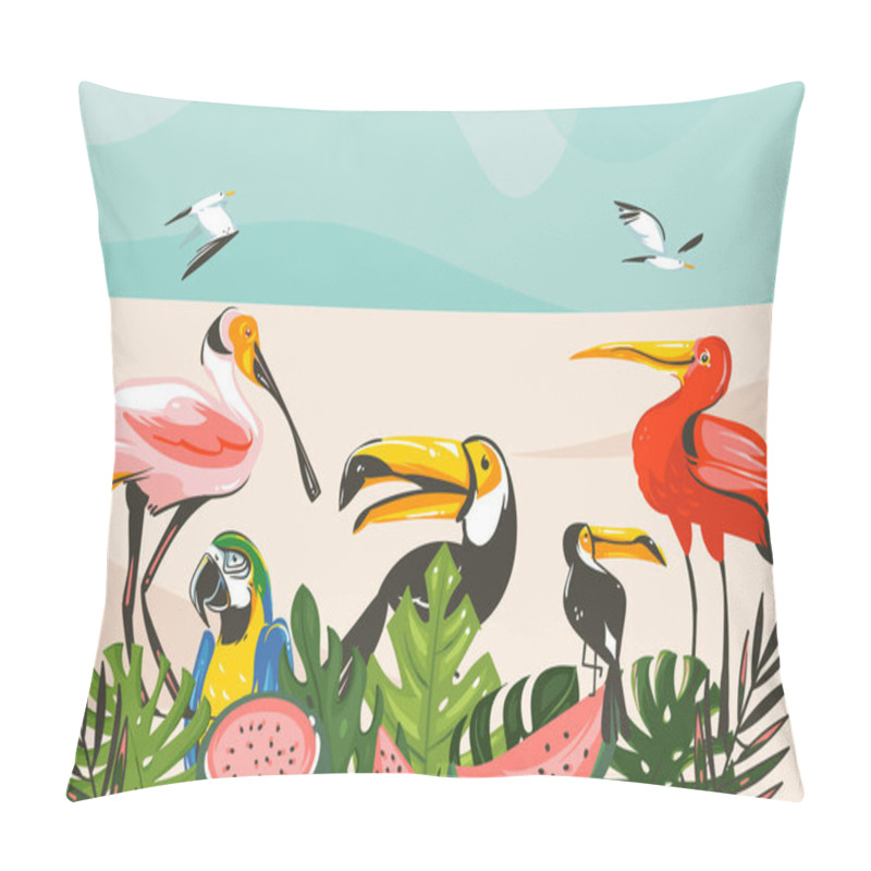 Personality  Hand Drawn Vector Abstract Cartoon Summer Time Graphic Illustrations Art Template Background With Ocean Beach Landscape,tropical Palm Tree And Exotic Tropical Birds Pillow Covers