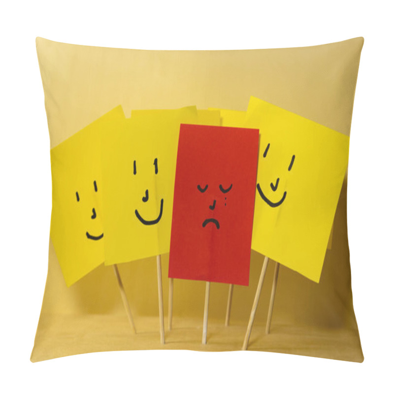 Personality  Red Paper With Sad Depressed Face Surrounded By Yellow Smiling Papers, Concept Of Depression And Isolation From Society Pillow Covers