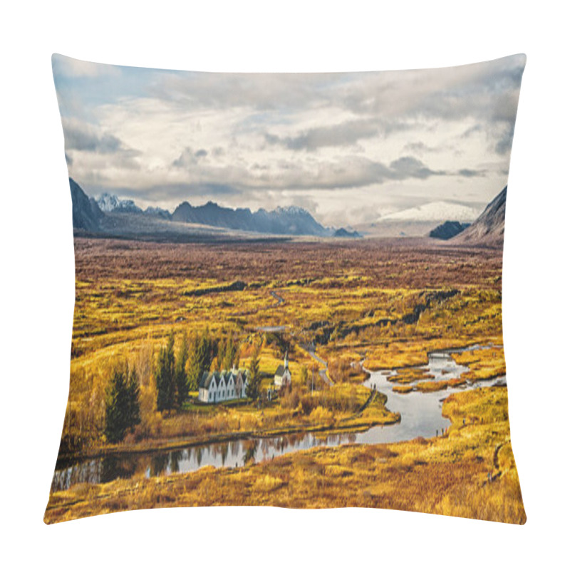 Personality  Haukadalur Valley In Iceland. Little Buildings In Peaceful Nature Environment. Valley Landscape Sunny Autumn Day Cloudy Sky. Amazing Beauty Of Valley. Beautiful Landscape With River In Valley Pillow Covers