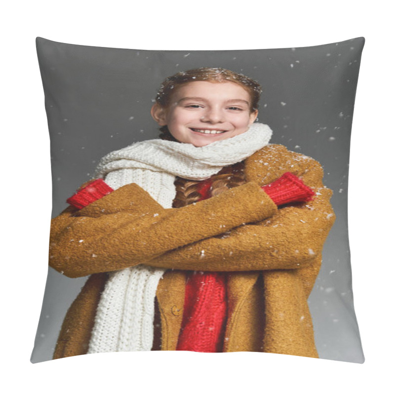 Personality  A Happy Girl Stands Warmly Dressed In Winter Layering, Embracing Falling Snowflakes. Pillow Covers