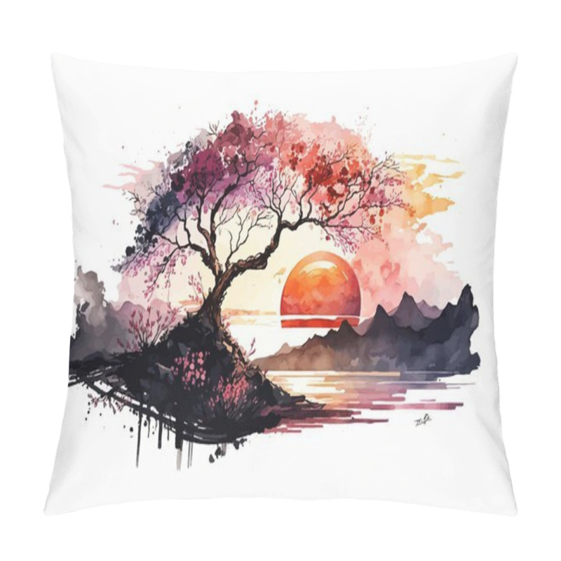 Personality  Red-orange Firmaments Spread Over The Horizon Like A Cloak Of Gloomy Hues. Against This Background, The Bright Radiance Of Sakura, Penetrating Through The Darkness. Vector Illustration Pillow Covers