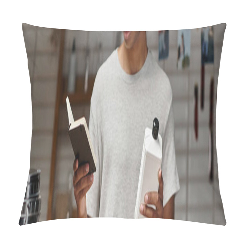 Personality  Banner Of African American Photographer Holding Chemical Solution With Notebook, Film Development Pillow Covers