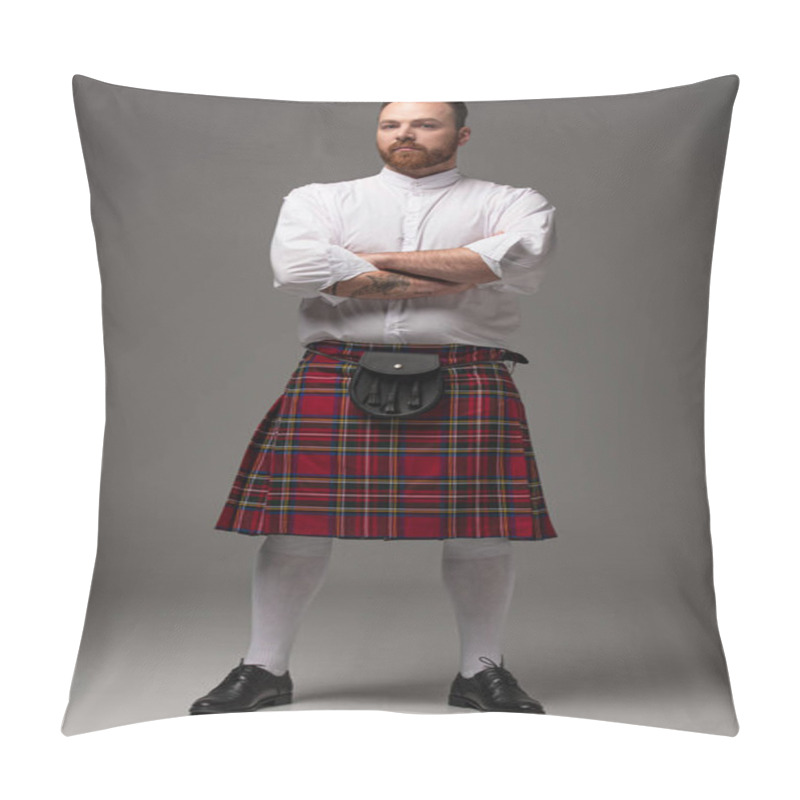 Personality  Scottish Redhead Man In Red Kilt With Crossed Arms On Grey Background Pillow Covers