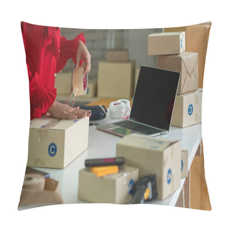 Personality  Online Seller Works At Home Office And Packs Shipping Delivery Box To Customer. Pillow Covers