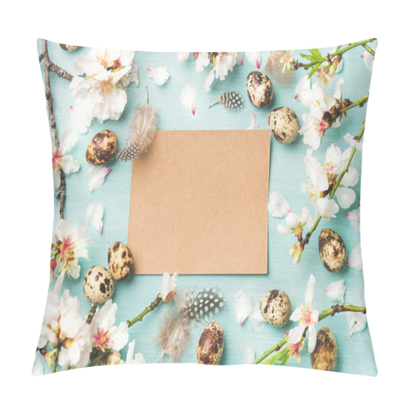 Personality  Easter Holiday Background. Flat-lay Of Tender Spring Almond Blossom Flowers On Branches, Feathers, Quail Eggs And Paper In Center Over Blue Background Pillow Covers