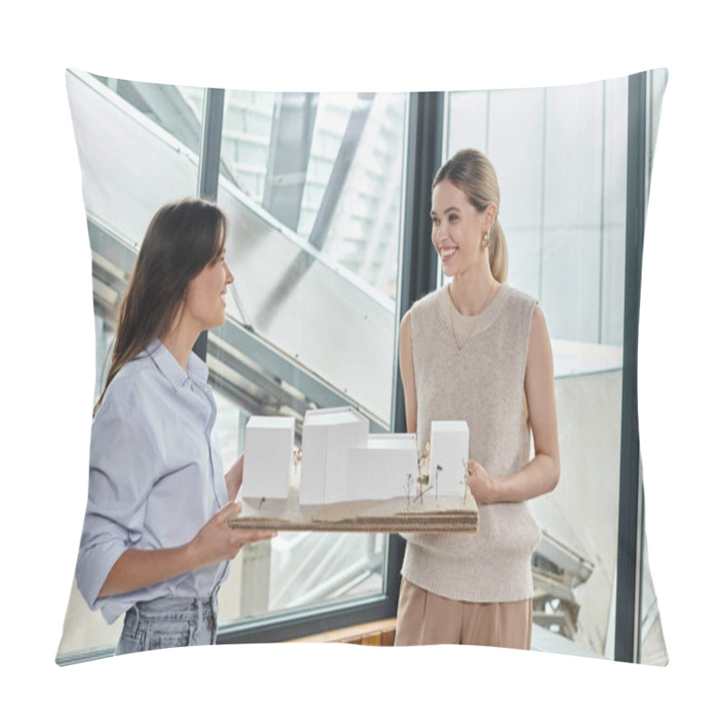 Personality  Team Of Two Young Women Holding Scale Model Of Building And Looking At Each Other, Design Bureau Pillow Covers