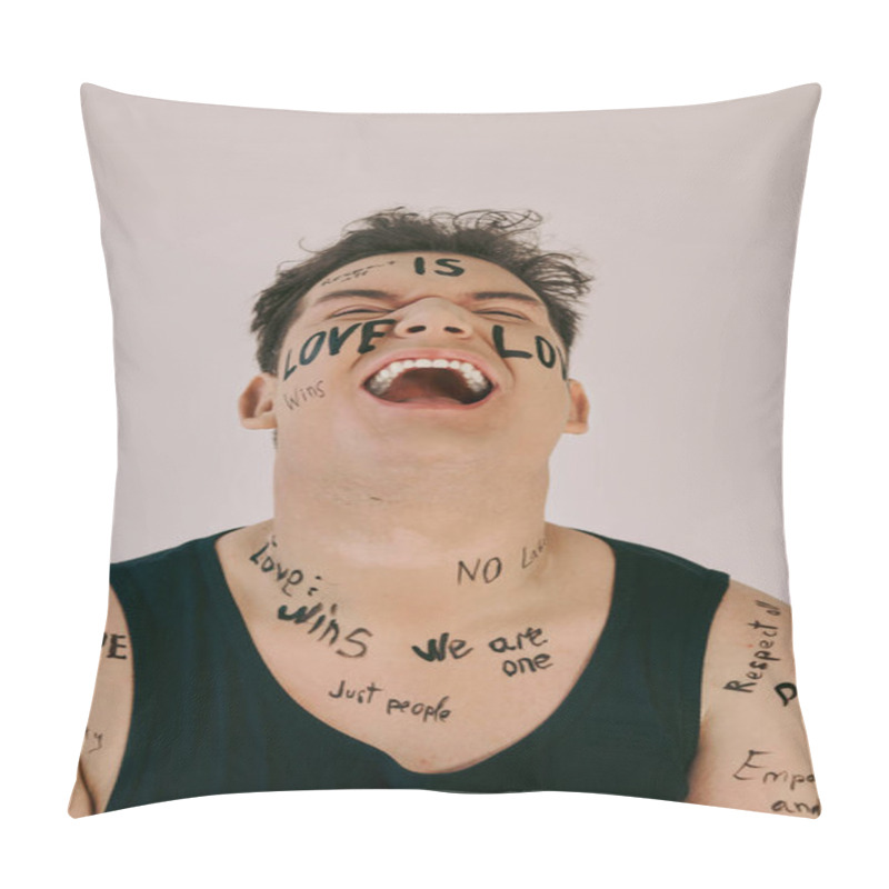 Personality  A Queer Individual Is Joyfully Displaying Their Vibrant Body Art While Promoting Love And Unity. Pillow Covers