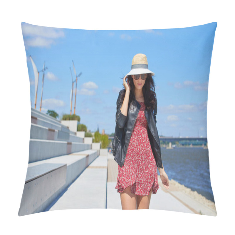 Personality  Portrait Of Happy Smiling Woman Standing On The Square On Sunny Summer Or Spring Day Outside, Cute Smiling Woman Looking At You,  Pillow Covers