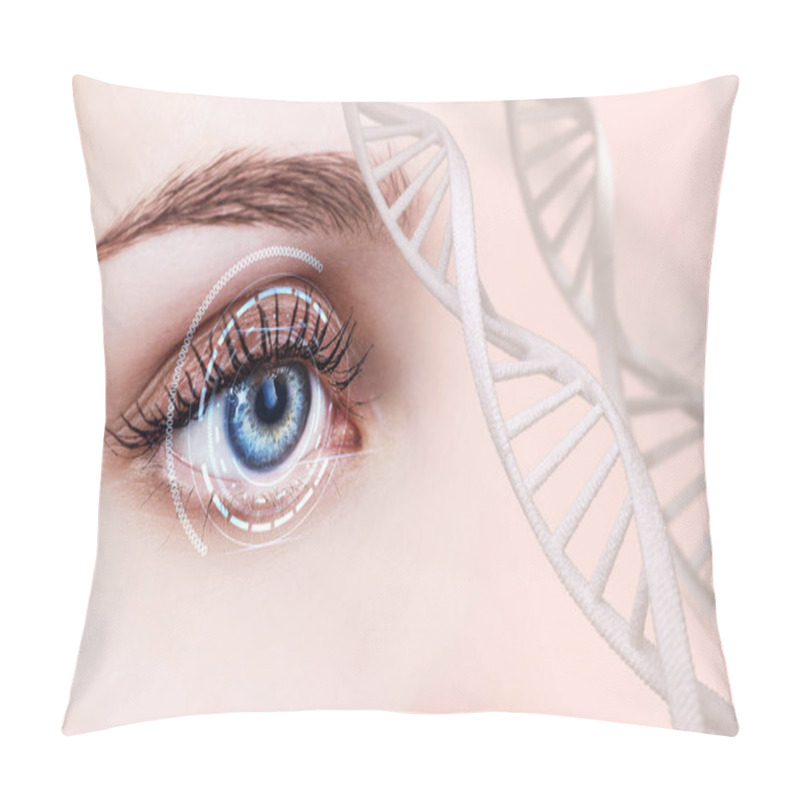 Personality  Abstract Eye With Digital Circle And DNA Chains. Pillow Covers