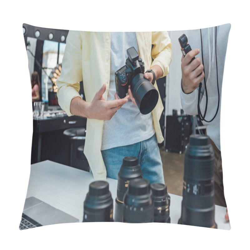 Personality  Selective Focus Of Art Director Standing With Photographer Near Photo Lenses Pillow Covers