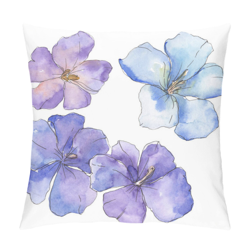 Personality  Blue Purple Flax. Floral Botanical Flower. Wild Spring Leaf Wildflower Isolated. Watercolor Background Illustration Set. Watercolour Drawing Fashion Aquarelle. Isolated Flax Illustration Element. Pillow Covers