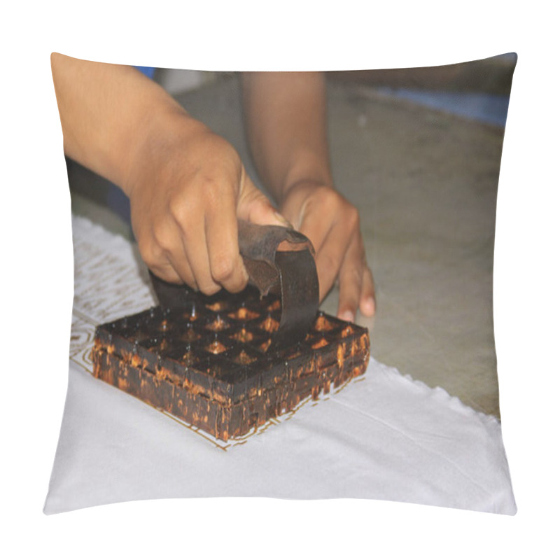 Personality  Batik Wax Stamp Process In Winotosastro Factory In Yogyakarta, Java, Indonesia. Batik Motif Sample Designs On Cloth. It Depicts Floral Design Symbols. The Textile Piece Is Hanging To Dry Pillow Covers