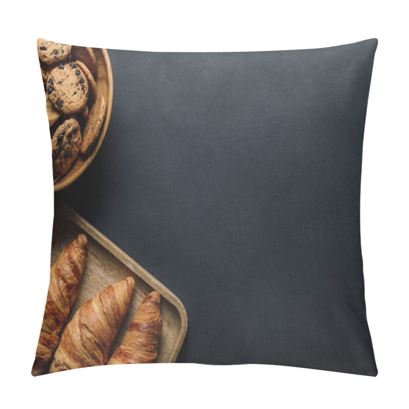 Personality  Elevated View Of Tray With Delicious Croissants And Cookies In Bowl On Black Table Pillow Covers