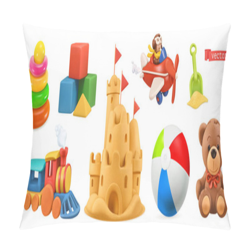 Personality  Kids Toys. Train, Plane, Castle, Ball, Cubes, Bear. 3d Vector Icon Set Pillow Covers