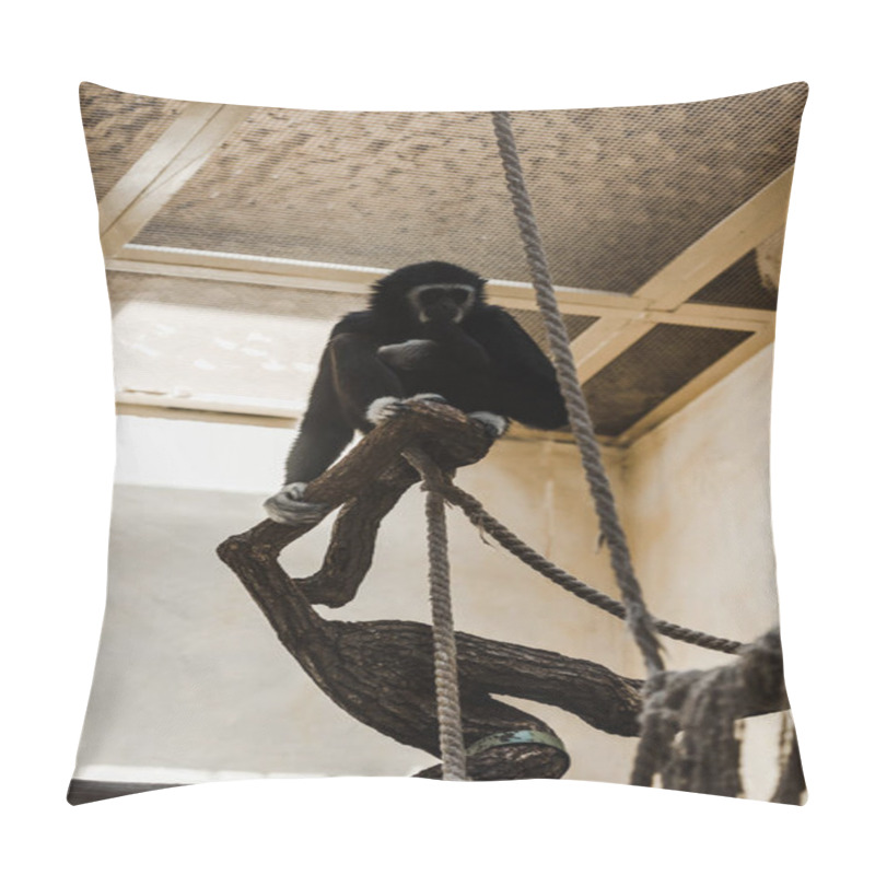 Personality  Selective Focus Of Monkey Sitting On Log Near Ropes  Pillow Covers