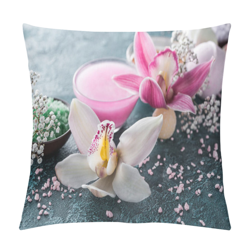 Personality  Close-up View Of Beautiful Orchids, Small White Flowers And Sea Salt, Selective Focus Pillow Covers