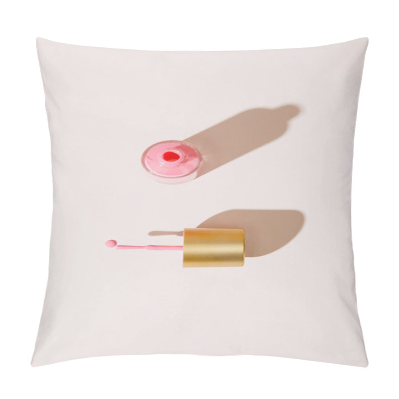 Personality  Top View Of Opened Bottle Of Pink Nail Polish On White Background Pillow Covers