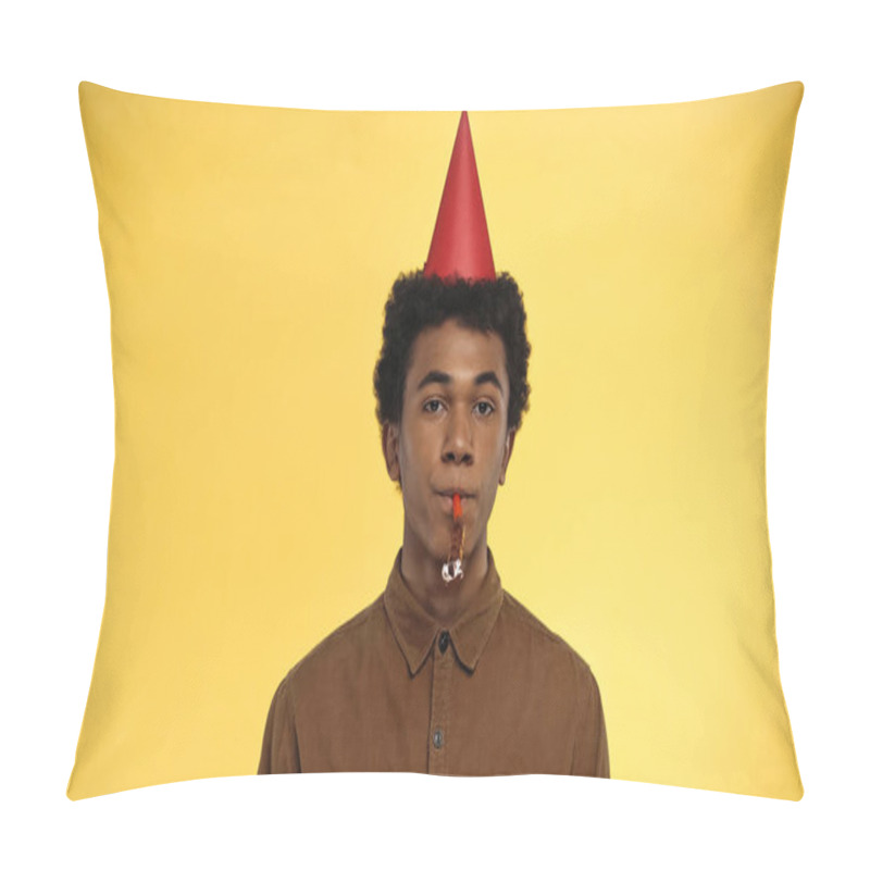 Personality  African American Teenager In Party Cap Blowing Horn Isolated On Yellow Pillow Covers