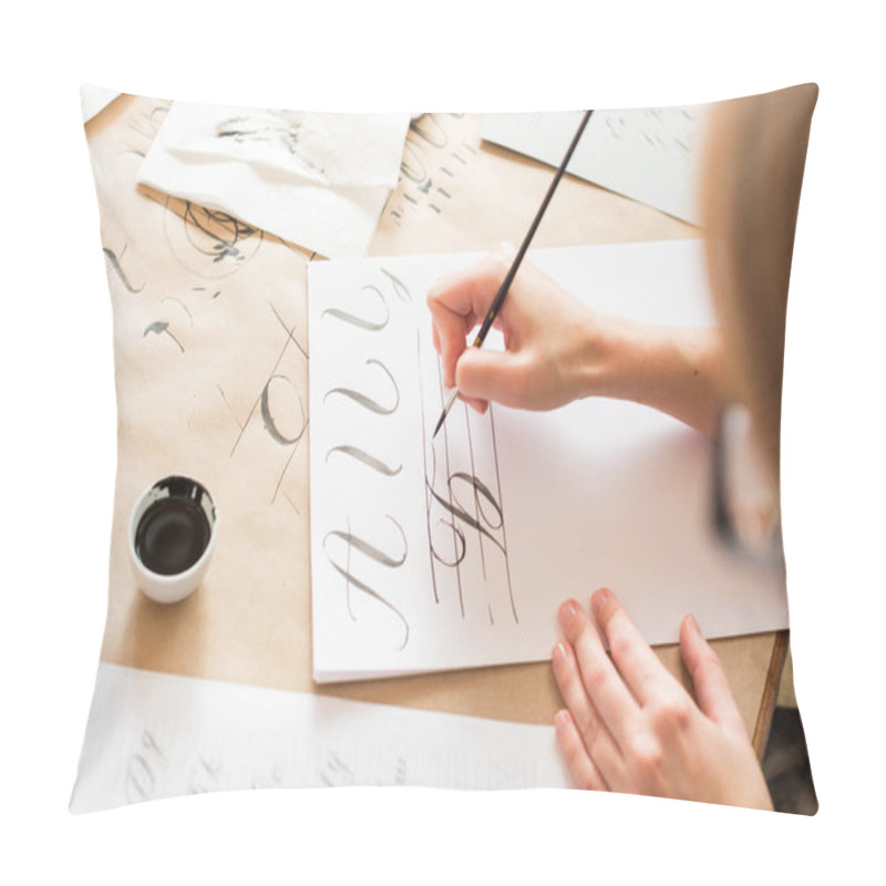 Personality  Calligraphy, Handwriting, Technique Concept. Woman With Beautiful Elegant Hands Inscribing Capital Russian Letters Carefully In Italic Type With Black Ink And Thin Brush, Drawing Pillow Covers