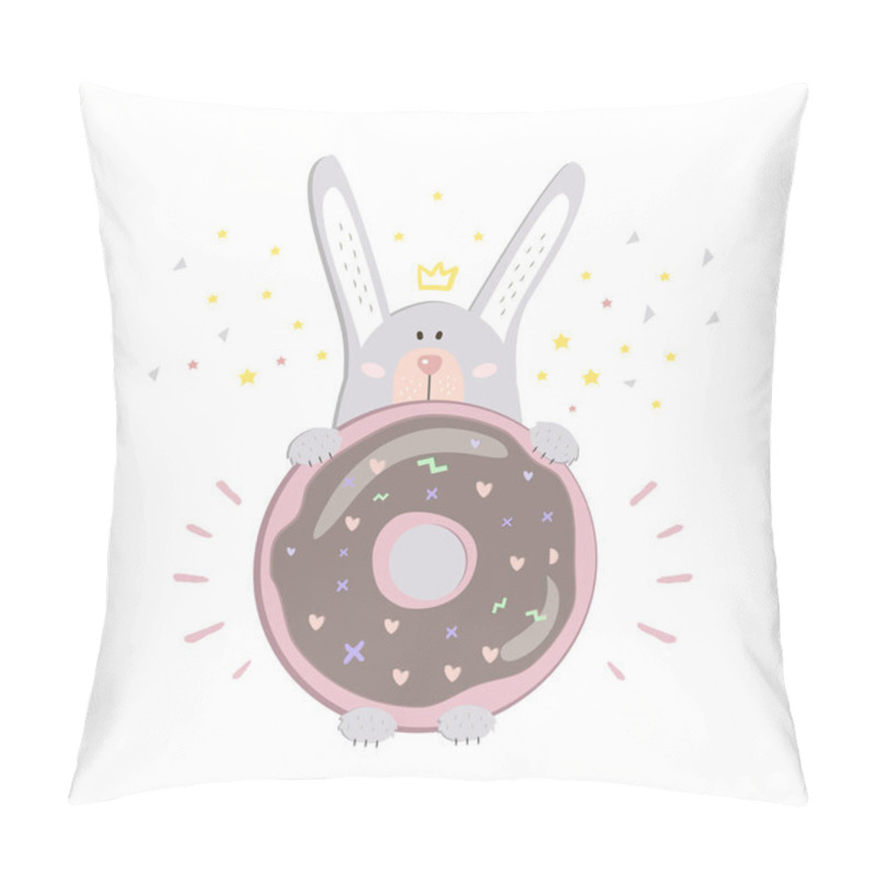 Personality  St Valentinas Day Postcard With Cute Gray Rabbit With Pink Donut And Yellow Stars And Yellow Crown Pillow Covers