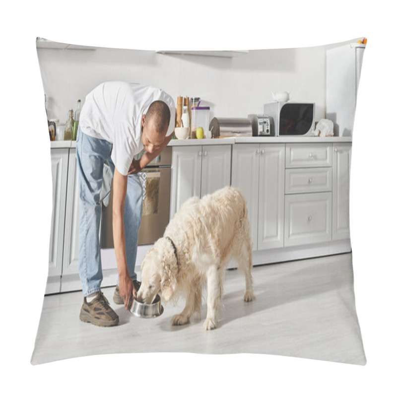 Personality  An African American Man With A Disability Tenderly Feeds His Labrador Dog Food From A Bowl, Symbolizing Love And Care. Pillow Covers