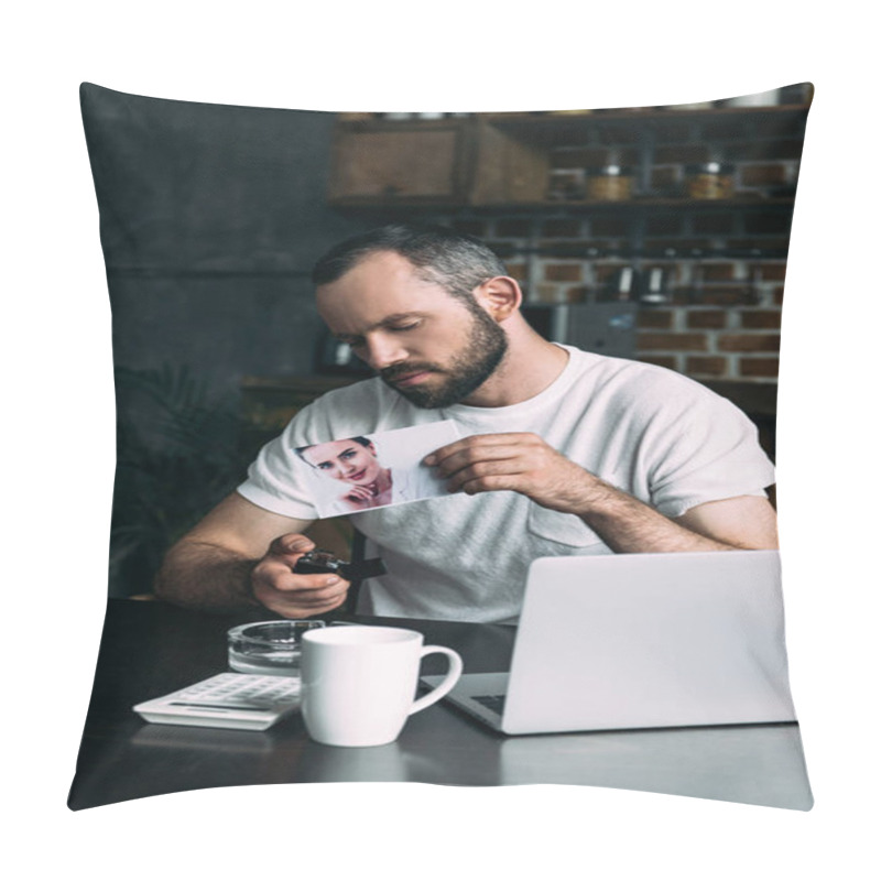 Personality  Depressed Young Man Burning Photo Of Ex-girlfriend At Home Pillow Covers