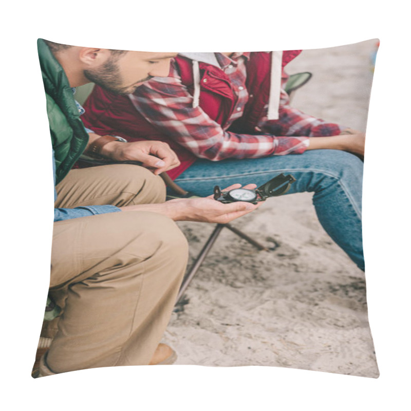 Personality  Partial View Of Couple With Compass Sitting On Chairs While Having Camping Pillow Covers