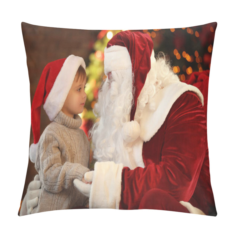 Personality  Santa Claus And Little Boy Near Christmas Tree Indoors Pillow Covers