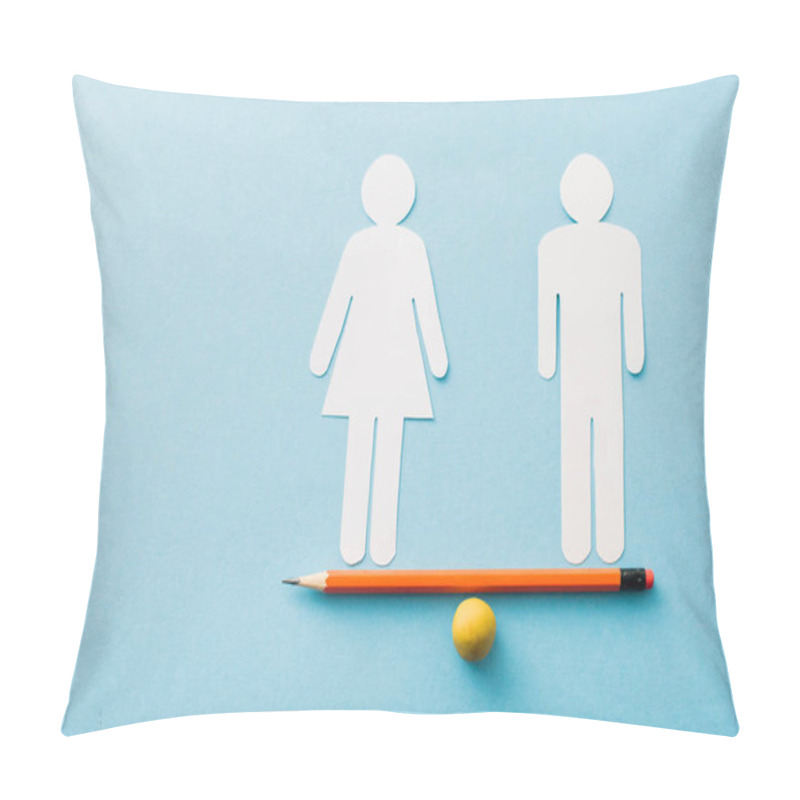 Personality  Small Ball And Pencil With Paper Cut Of Couple Isolated On Blue, Sexual Equality Concept  Pillow Covers