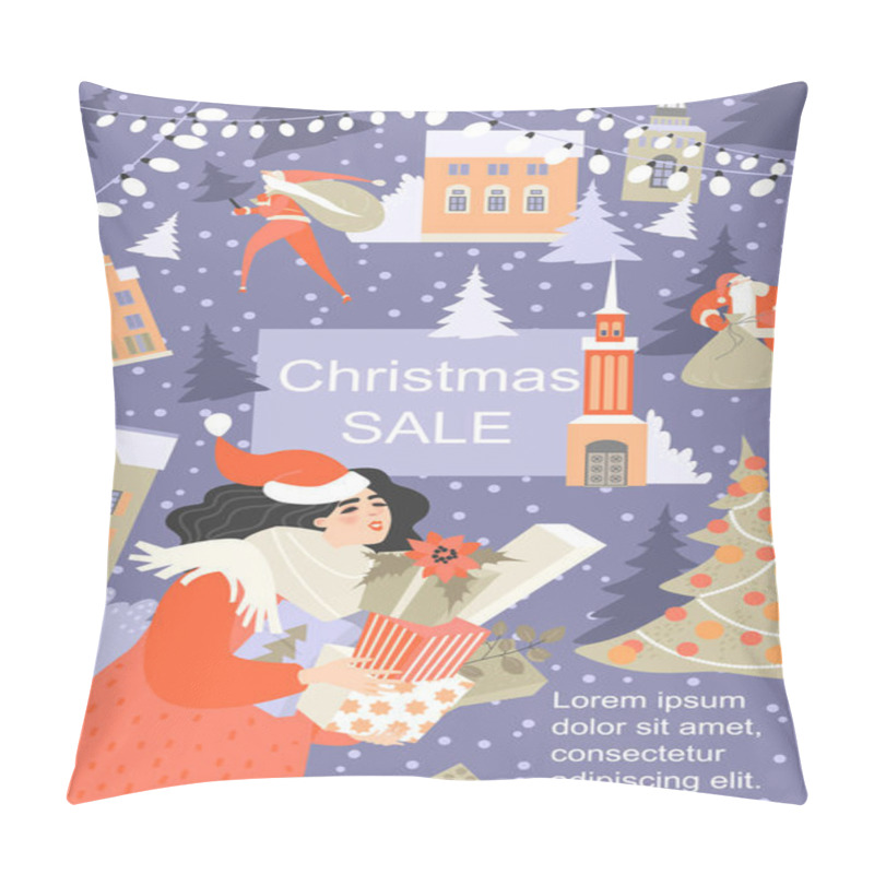 Personality   Illustration Of Funny Cartoon Girl, Nightly Winter Cityscape And Santa Claus Pillow Covers