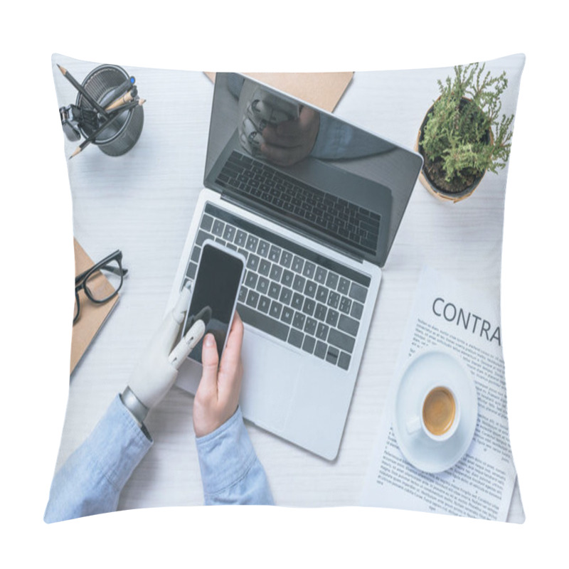 Personality  Cropped Image Of Businessman With Prosthetic Arm Checking Smartphone At Table With Laptop In Office  Pillow Covers