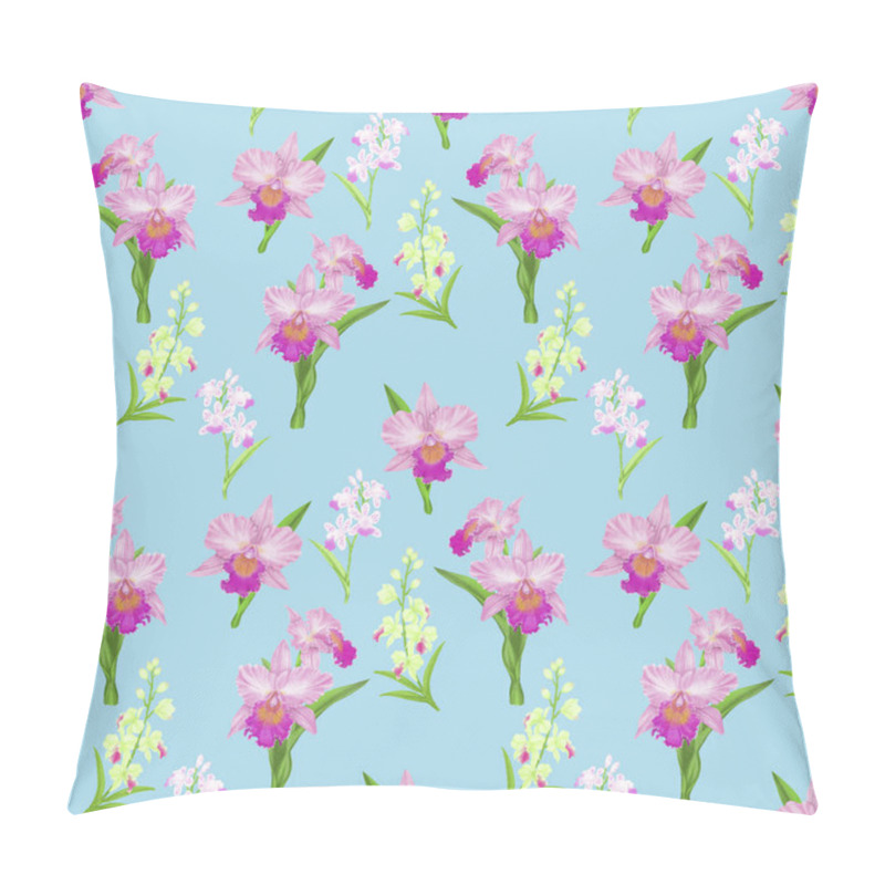 Personality  Pink Cattleya Orchid Flower Blossom Seamless Pattern On Blue Background, Illustration Of Petals Plant Drawing Element For Fabric Printed Textile, Wallpaper And Wrapping Pillow Covers