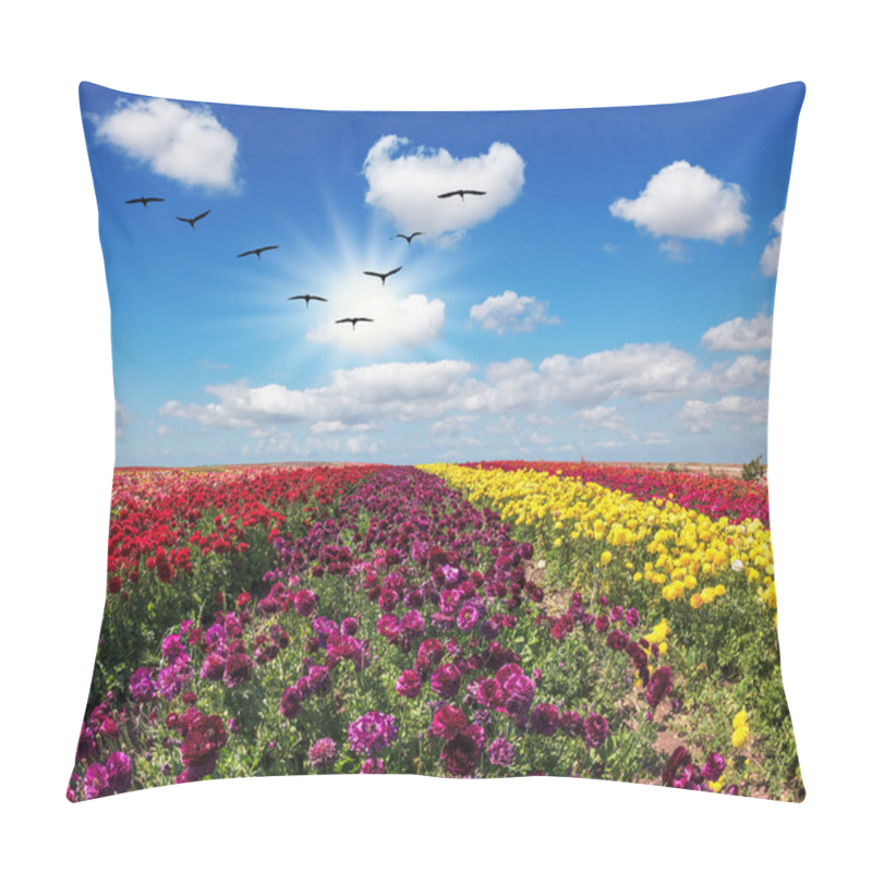 Personality  Field Of Flowers And Flock Of Cranes Pillow Covers